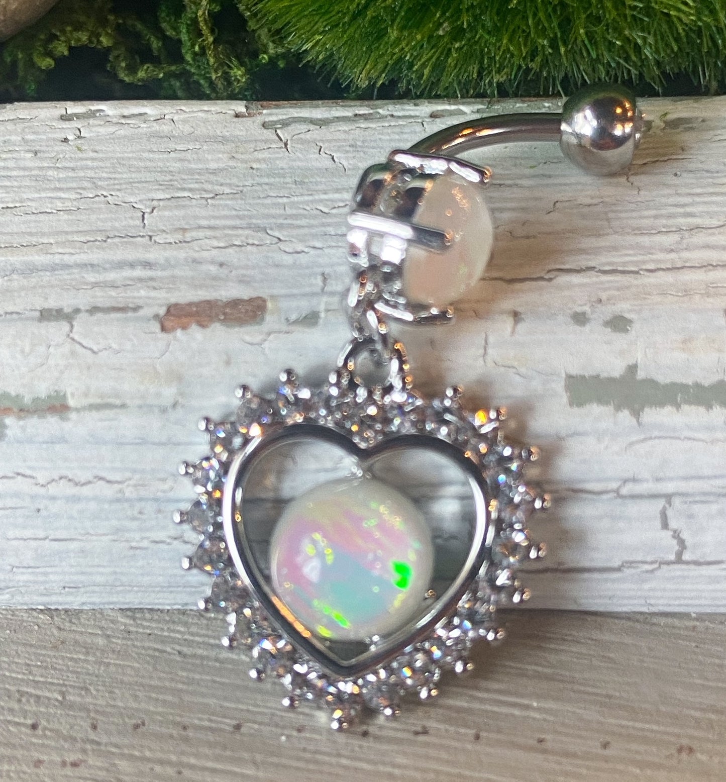Opal Glitter Center Crystal Heart Dangle Belly Button Ring Navel Naval