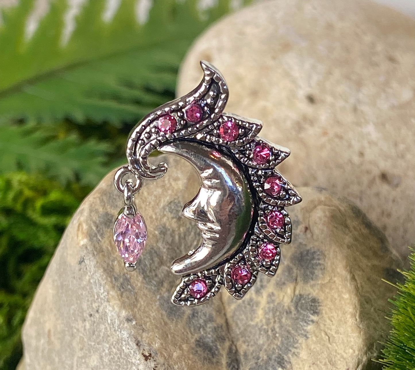 Reverse Crescent Moon Face Belly Ring Marquise CZ Gem Pierced Navel Top down