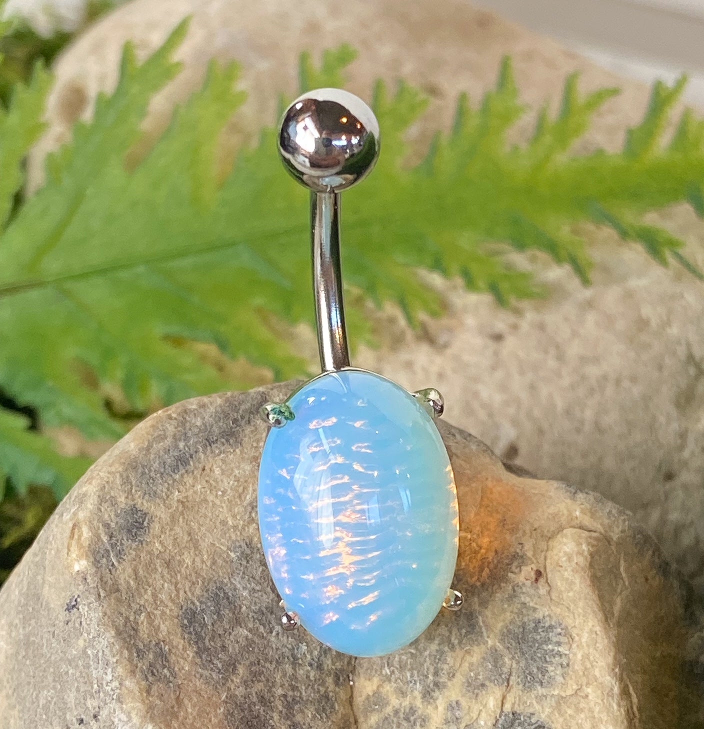 Oval Semi Precious Stone Belly Ring Pierced Navel Naval Jewelry Prong Set 14g