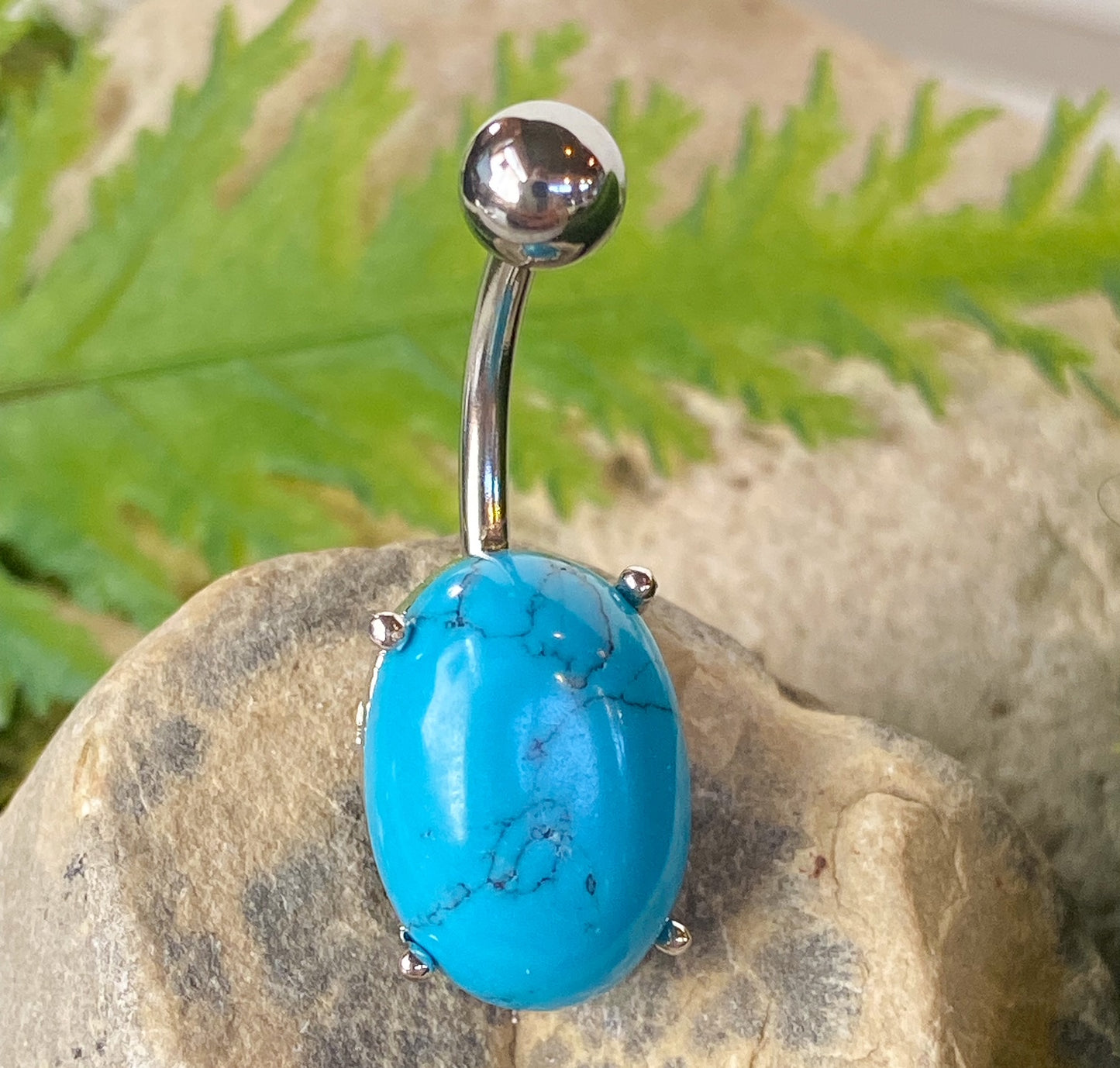 Oval Semi Precious Stone Belly Ring Pierced Navel Naval Jewelry Prong Set 14g