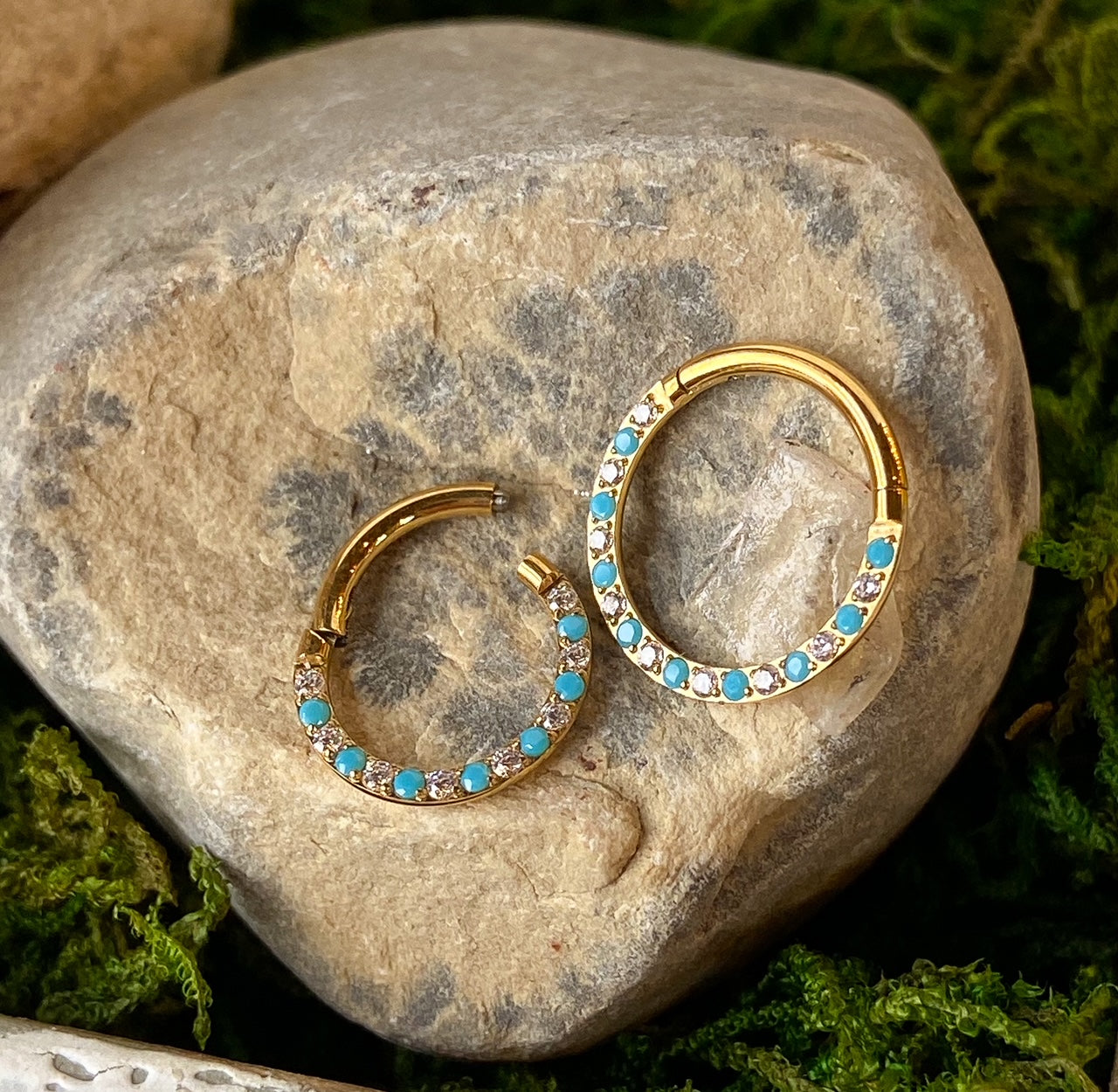 1pc Titanium Hinged Segment Ring Front Turquoise & Gems Septum Hoop Helix Daith