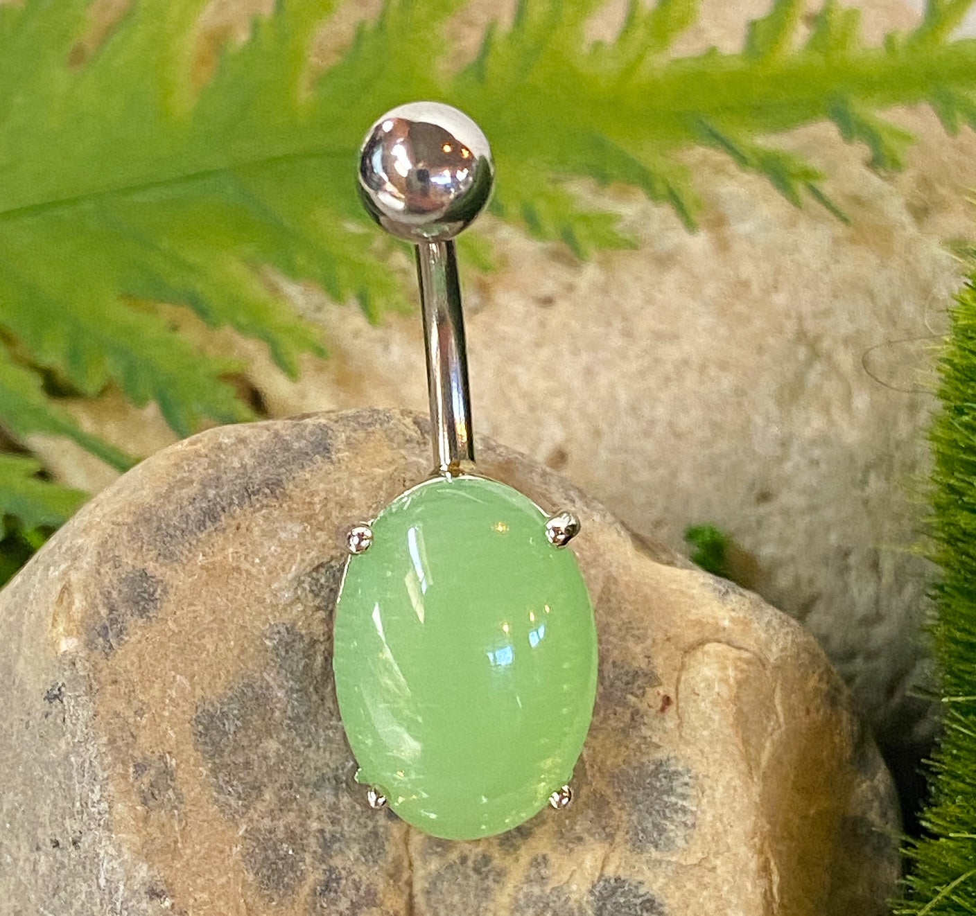 Oval Semi Precious Stone Belly Ring Pierced Navel Naval Jewelry Prong Set 14g