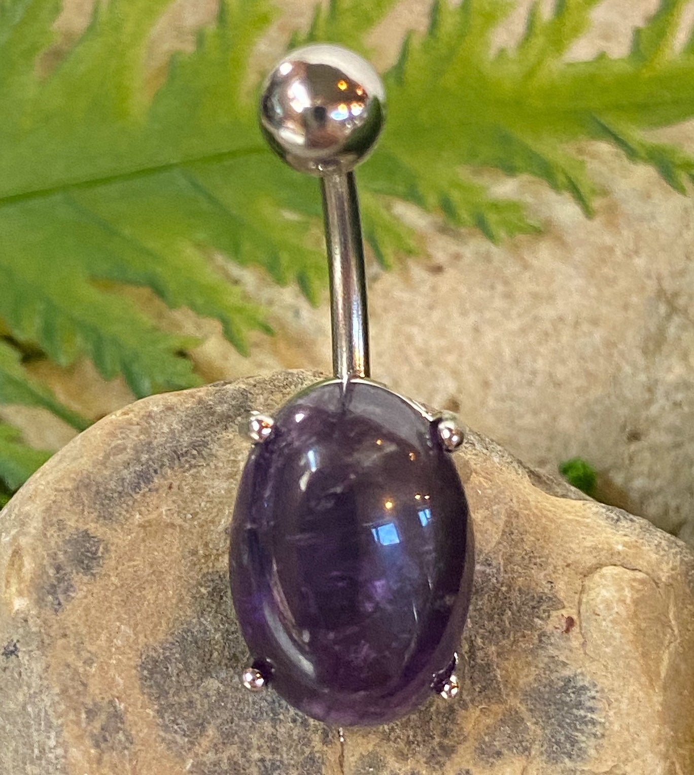Oval Semi Precious Stone Belly Ring Pierced Navel Naval Jewelry Prong Set 14g
