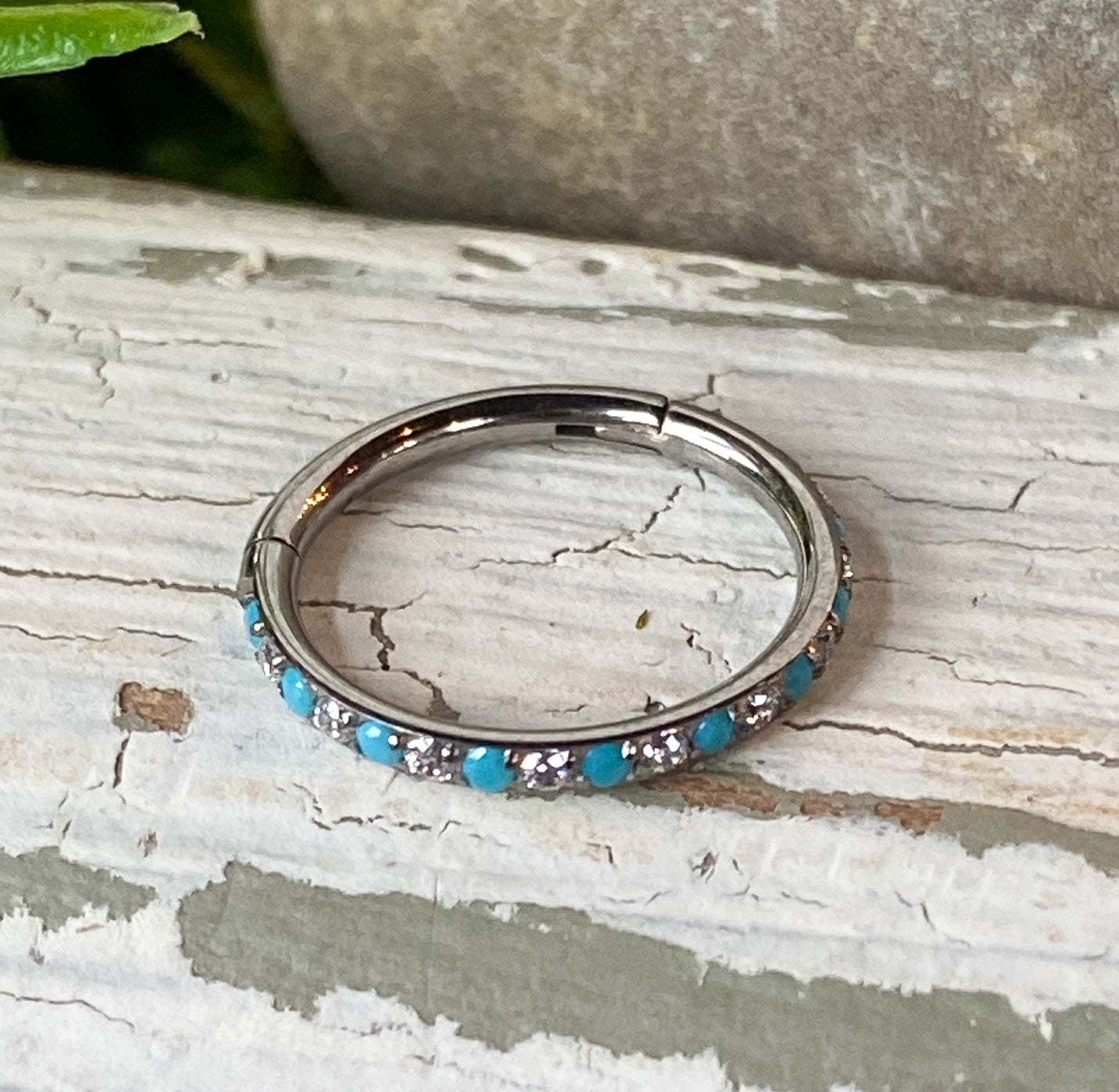 1pc Titanium Hinged Segment Ring Outer Turquoise & Gems Septum Hoop Helix Daith