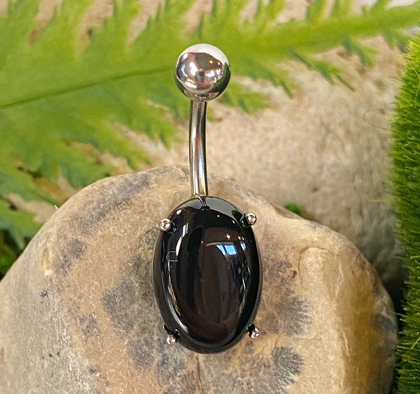 Oval Semi Precious Stone Belly Ring Pierced Navel Naval Jewelry Prong Set 14g