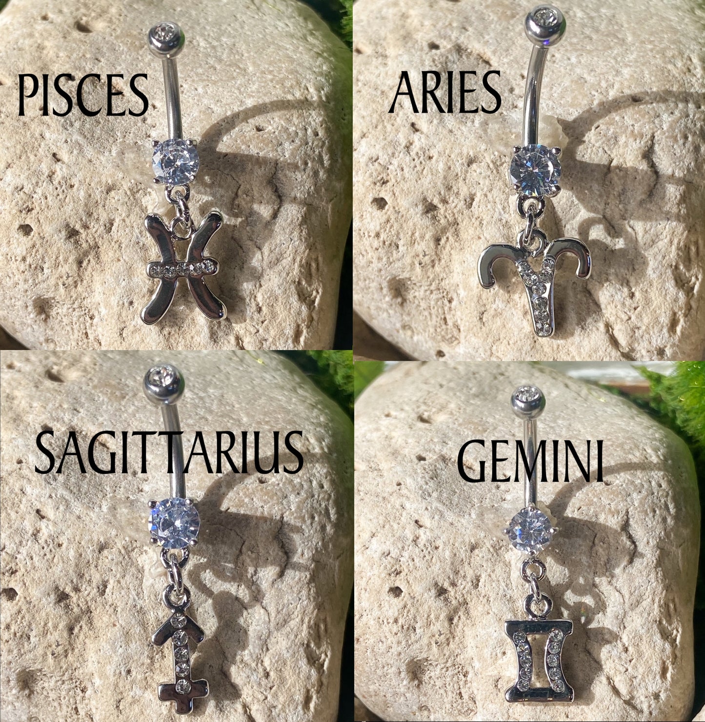 Zodiac Sign Paved CZ Gem Belly Ring Pierced Navel Astrology 14g Surgical Steel