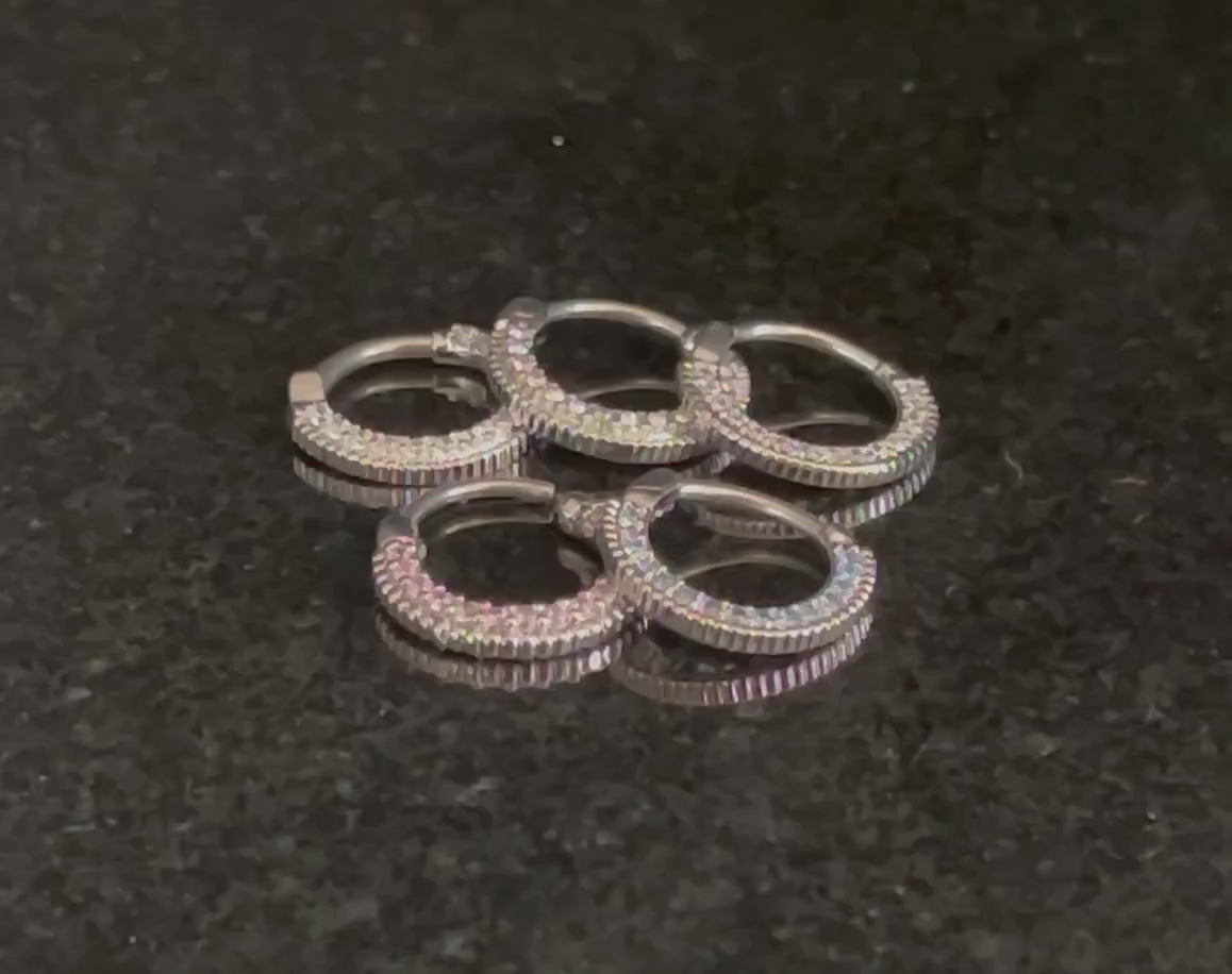 1 Piece Round CZ Paved Gems Steel Septum Segment Ring 16g or 14g - Aurora Borealis, Aqua, Clear, Pink & Purple Available!