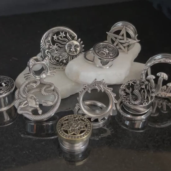 PAIR of Beautiful Moon, Star & Sun Celestial Steel Screw Fit Stainless Steel Tunnels