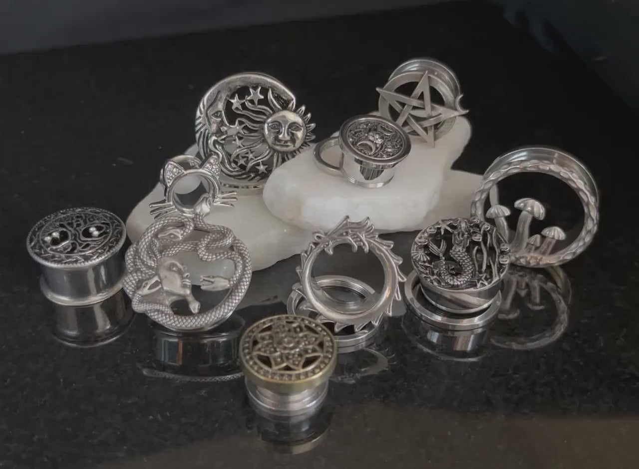 PAIR of Beautiful Moon, Star & Sun Celestial Steel Screw Fit Stainless Steel Tunnels