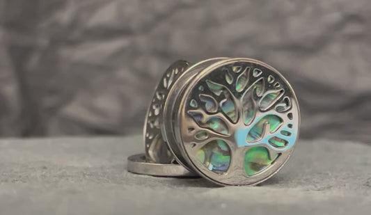 PAIR of Stunning Abalone Inlay Tree of Life Steel Screw Fit Tunnels - Gauges 0g (8mm) thru 5/8" (16mm)
