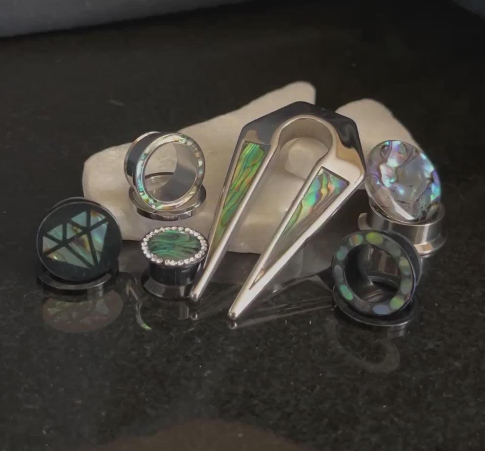 PAIR of Unique Abalone Shell Inlaid Keyhole Ear Weight Hangers - Only 00g (10mm) available!