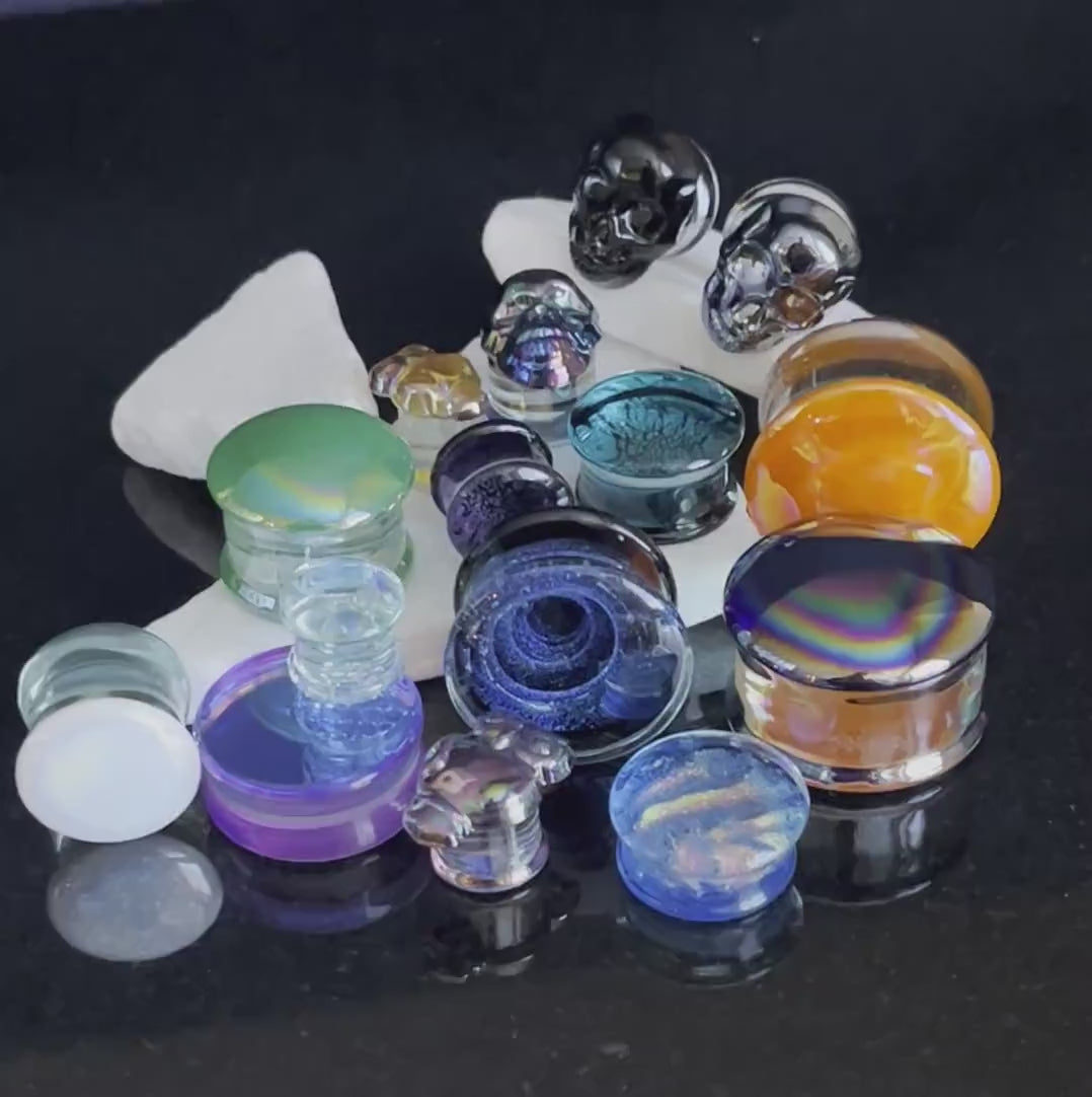 PAIR of Stunning Midnight Moonstone Iridescent Glass Double Flare Plugs - Gauges 2g (6.5mm) thru 32mm!