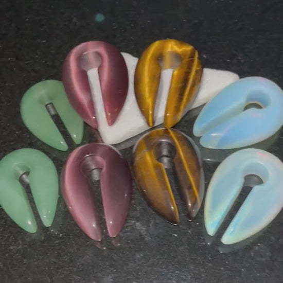 PAIR of Stunning Clear Quartz Stone Keyhole Hanger Ear Weight Tunnels/Plugs - Gauge2g (6.5mm) thru 00g (10mm) available!