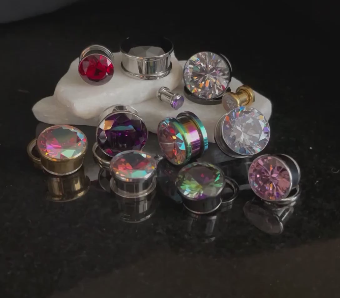 PAIR of Aurora Borealis CZ Gem Steel Screw Fit Tunnels/Plugs - Available in Black, Gold and Rainbow!