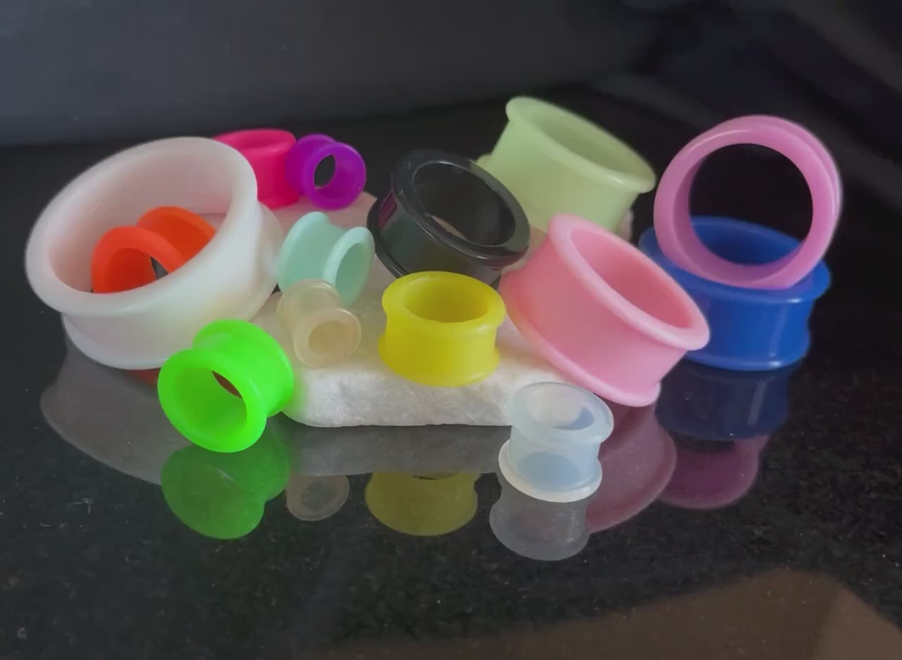 PAIR of Midnight Black Solid Silicone Double Flare Tunnels