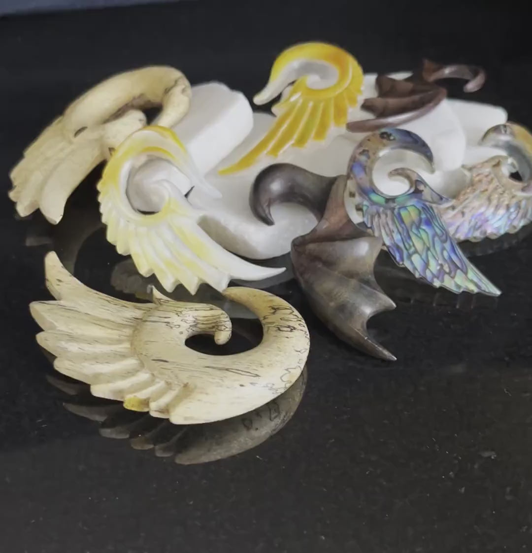 PAIR of Beautiful Hand Carved Organic Sono Wood Angel Wings Tapers/Plugs - Expanders - Gauges 4g (5mm) thru 00g (10mm) available!