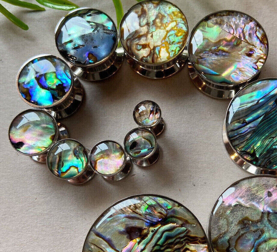 PAIR of Unique Abalone Inlay Steel Screw Fit Plugs - Gauges 8g (3.2mm) thru 1" (25mm) available!