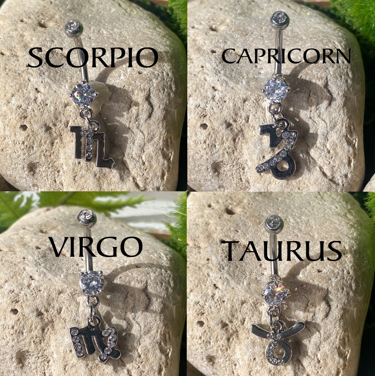 Zodiac Sign Paved CZ Gem Belly Ring Pierced Navel Astrology 14g Surgical Steel