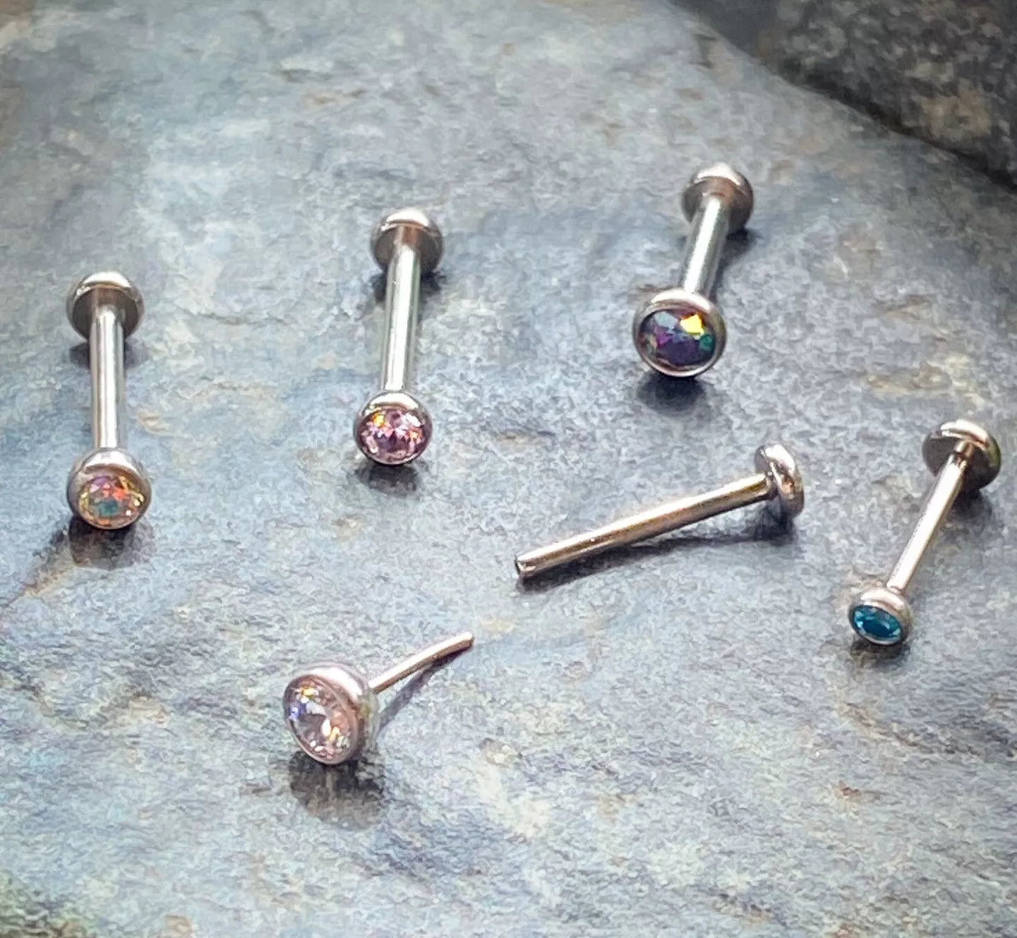 1pc Titanium Push In Bezel Gem Labret Threadless Stud Lip Ring Helix Cartilage