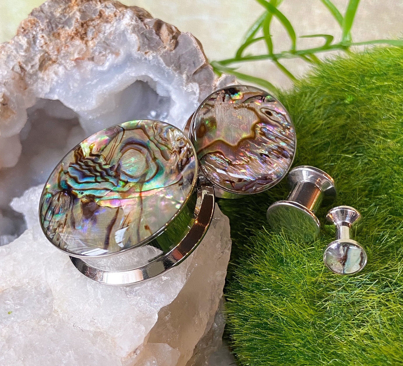 PAIR of Unique Abalone Inlay Steel Screw Fit Plugs - Gauges 8g (3.2mm) thru 1" (25mm) available!