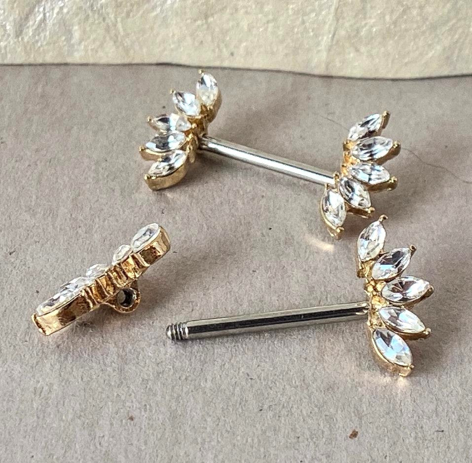 PAIR of Stunning Marquise Crystal Gem Fans Steel Nipple Barbells / Rings