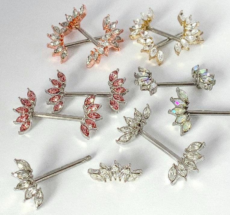 PAIR of Stunning Marquise Crystal Gem Fans Steel Nipple Barbells / Rings