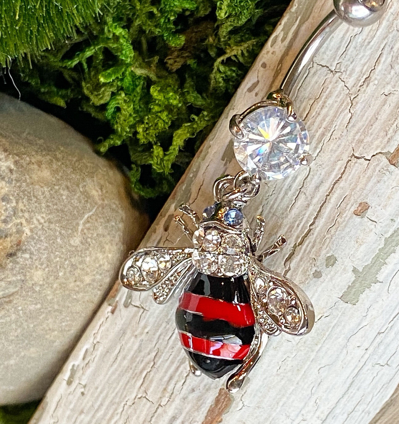 Red & Black Striped Bumble Bee Dangle Paved Gem Belly Ring Navel Naval