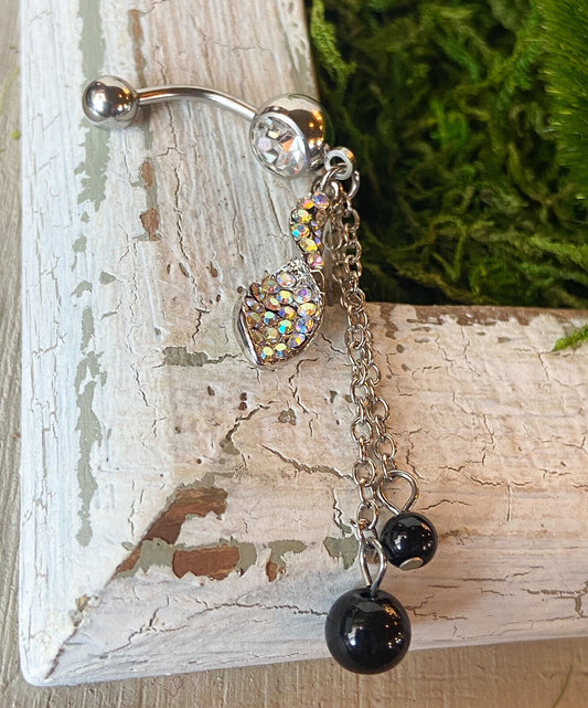 Twist Aurora Borealis Gem Belly Ring Navel Black Bead Dangles Naval Piercing