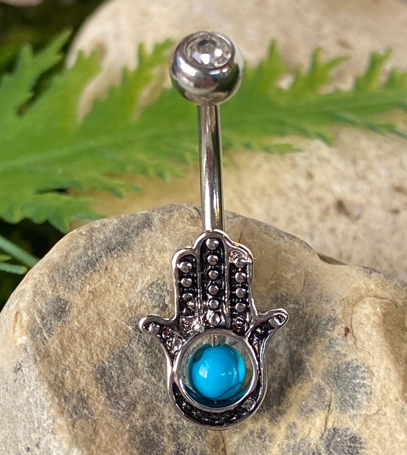Hamsa Belly Ring CZ Gem Pierced Navel Naval Aqua Turquiose