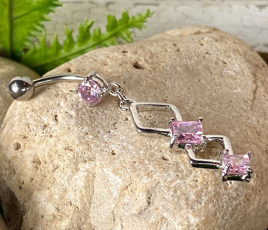 Double Marquise CZ Gem Dangle Belly Ring Navel Naval Clear, PInk, Purple