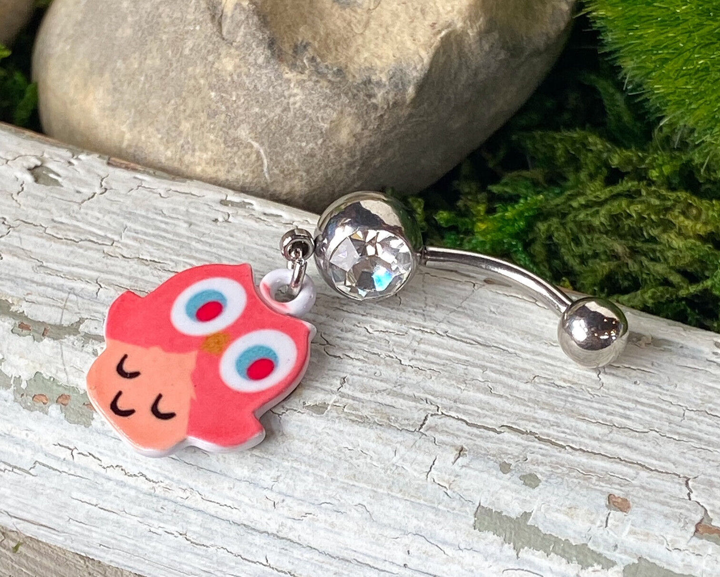 Pink Owl Dangle Clear Gem Belly Ring Navel Piercing Pierced Naval