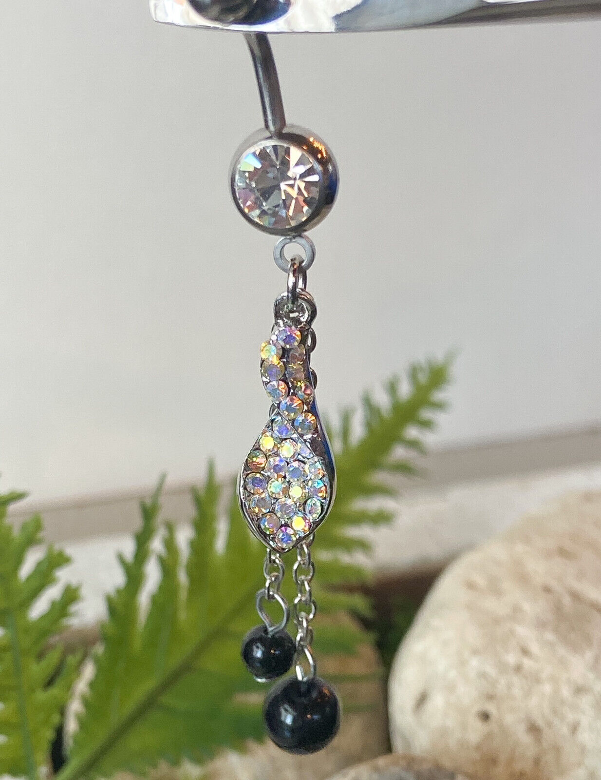 Twist Aurora Borealis Gem Belly Ring Navel Black Bead Dangles Naval Piercing