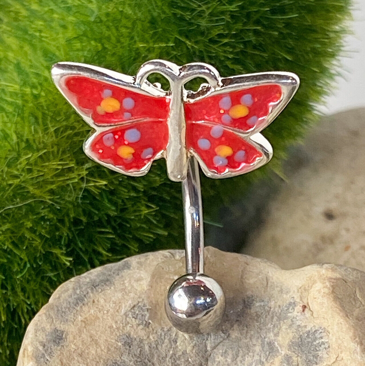 Reverse Red Butterfly Belly Ring Pierced Navel Top Down