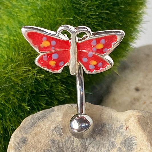 Reverse Red Butterfly Belly Ring Pierced Navel Top Down