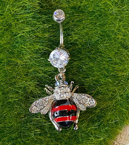 Red & Black Striped Bumble Bee Dangle Paved Gem Belly Ring Navel Naval