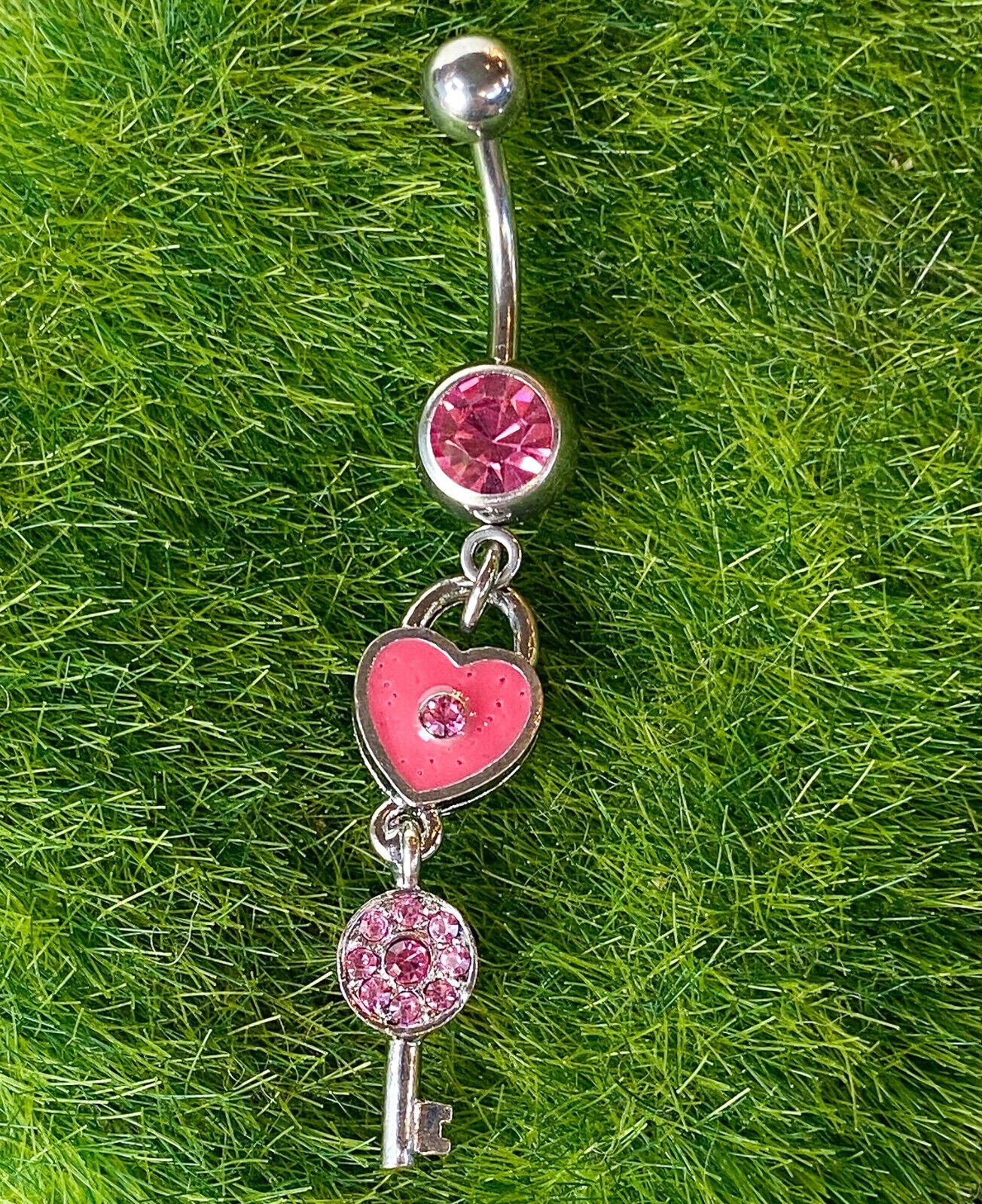 Acrylic Pink Heart Key Gem Belly Ring Navel Piercing Pierced Naval Body Jewelry