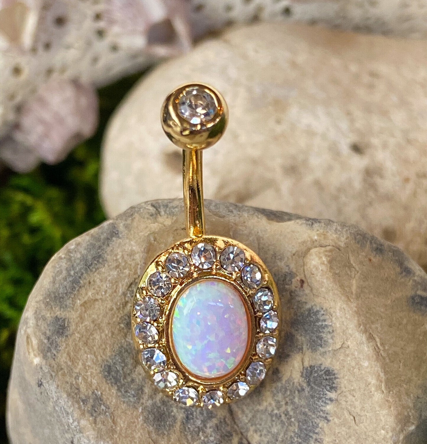 Opal Center Multi-Gem Paved Gold Plated Belly Ring Navel (w1301)