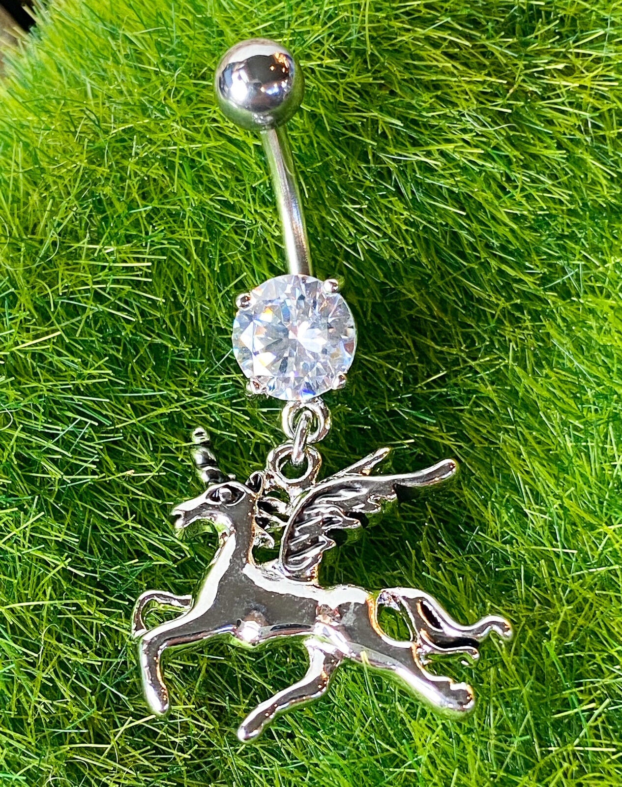 Unicorn Dangle CZ Gem Belly Ring Pierced Navel Piercing Naval Fantasy WIng Horse