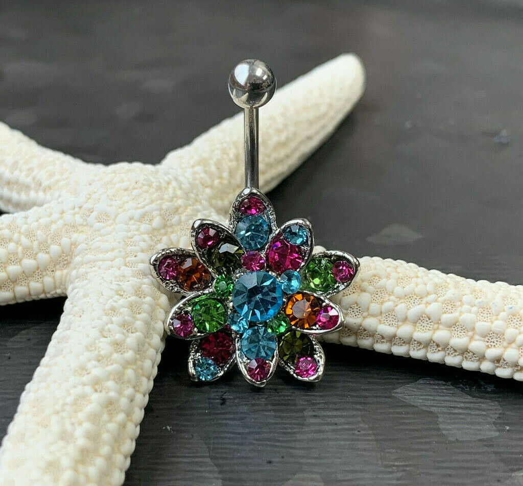 Beautiful Multi-color Gem Flower Belly Ring Navel Naval Piercing Body Jewelry