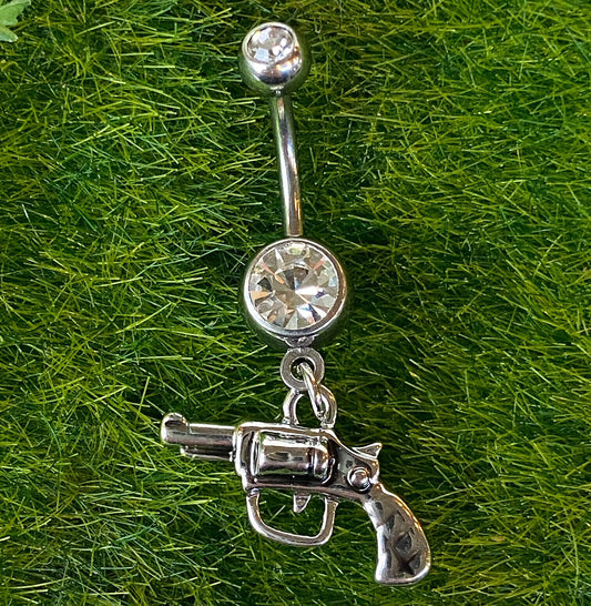 Gun Dangle Belly Ring CZ Gem Prong Set 316L Surgical Steel Pierced Navel