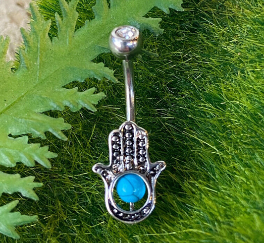 Hamsa Belly Ring CZ Gem Pierced Navel Naval Aqua Turquiose
