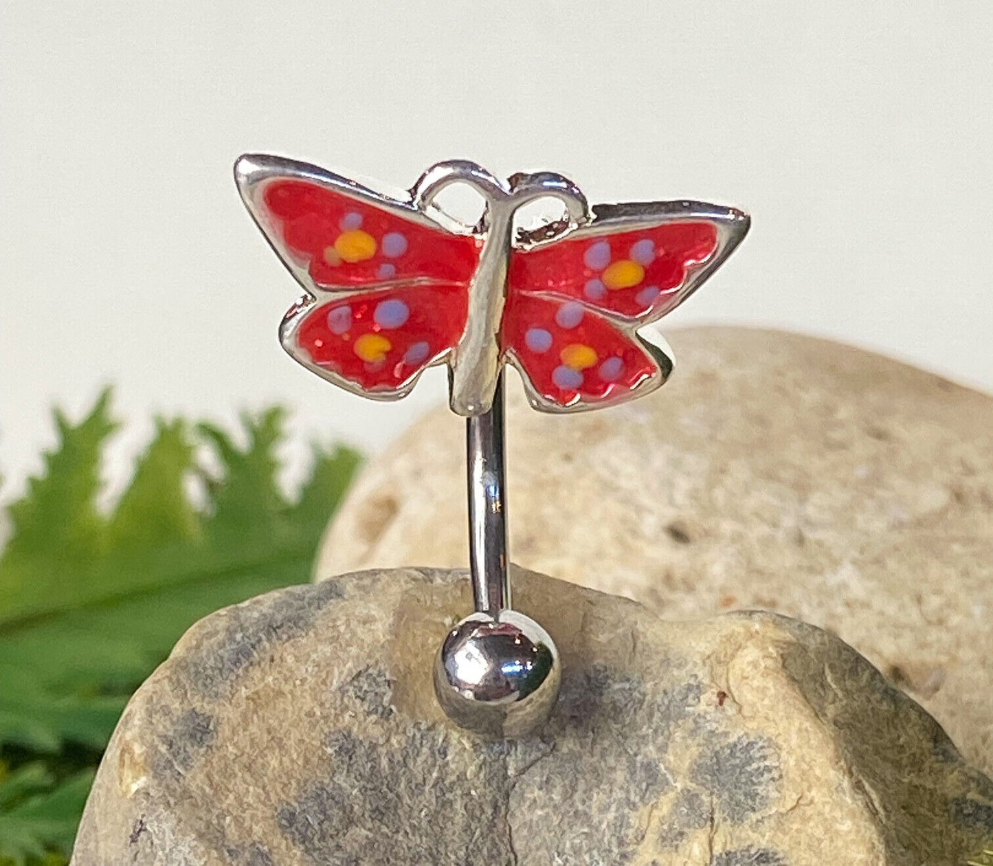 Reverse Red Butterfly Belly Ring Pierced Navel Top Down
