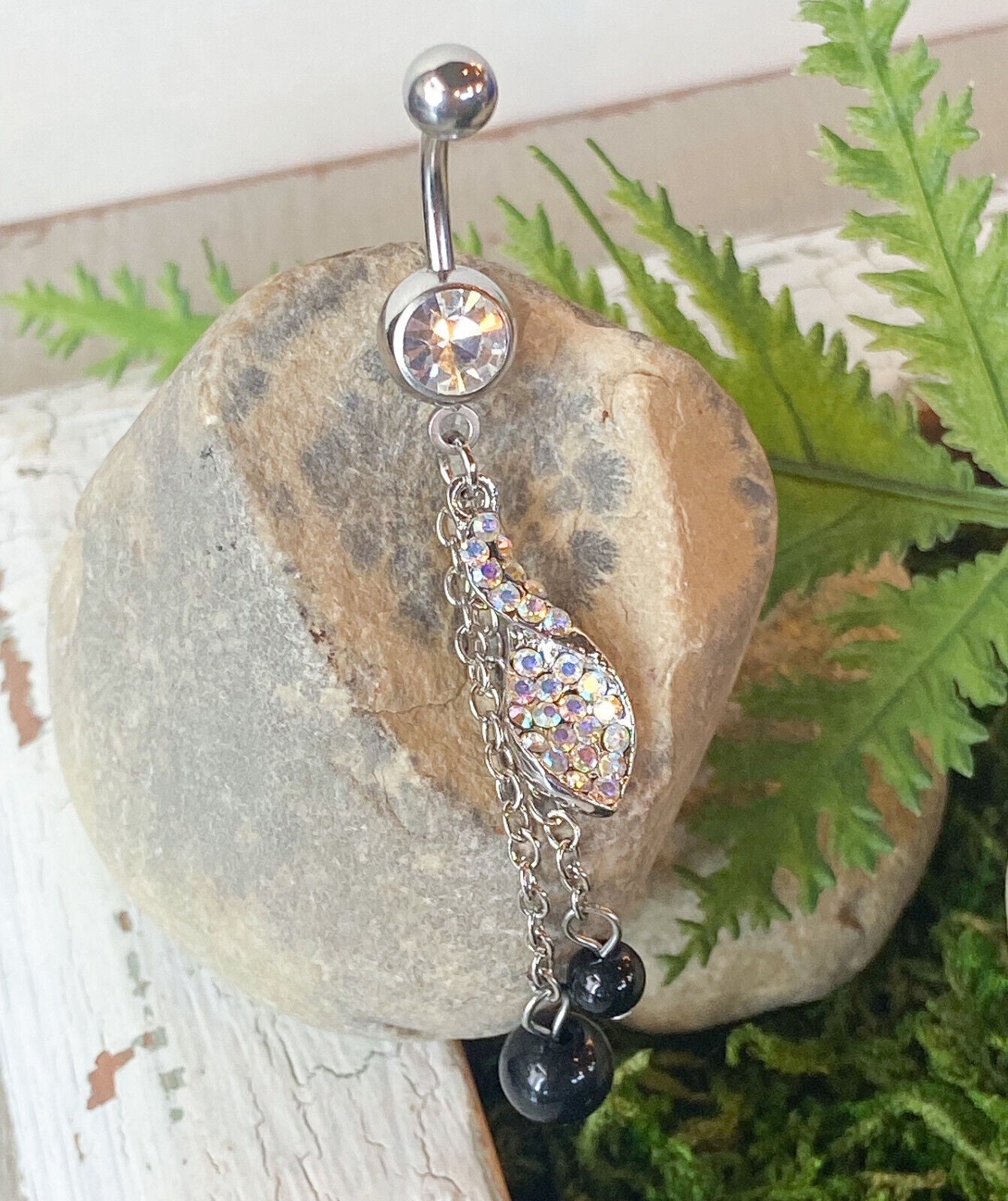 Twist Aurora Borealis Gem Belly Ring Navel Black Bead Dangles Naval Piercing