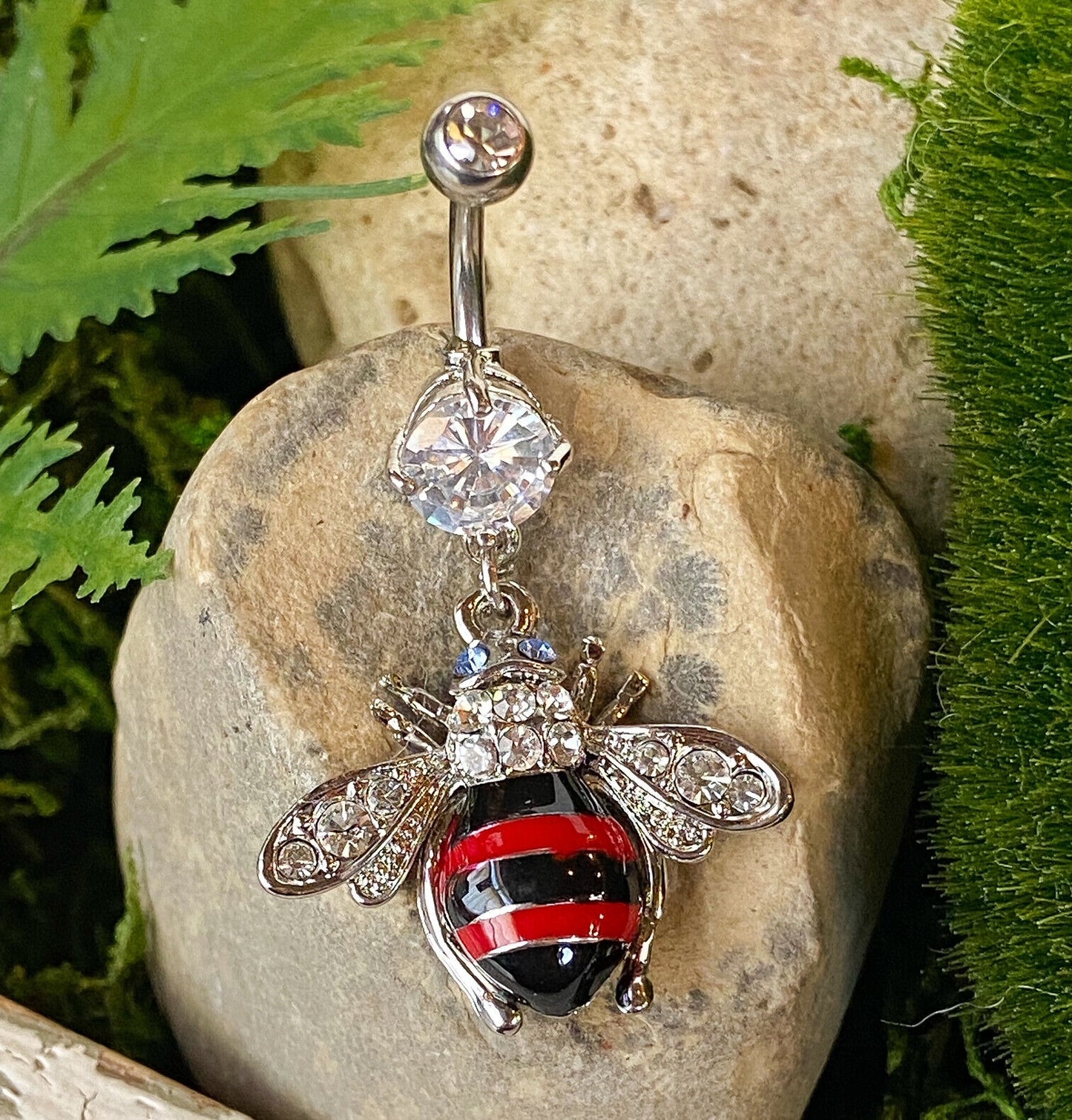 Red & Black Striped Bumble Bee Dangle Paved Gem Belly Ring Navel Naval
