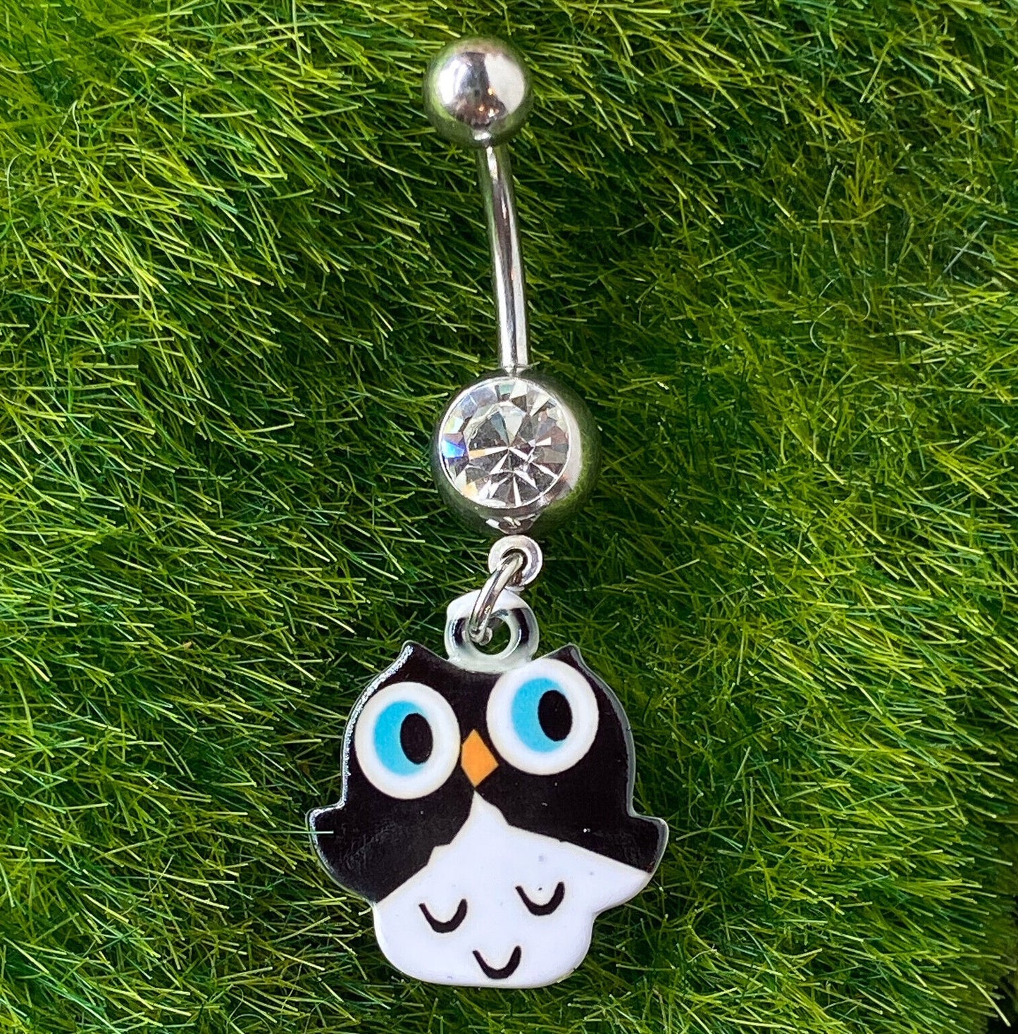 Black White Owl Clear Gem Belly Ring Navel Piercing Pierced Naval