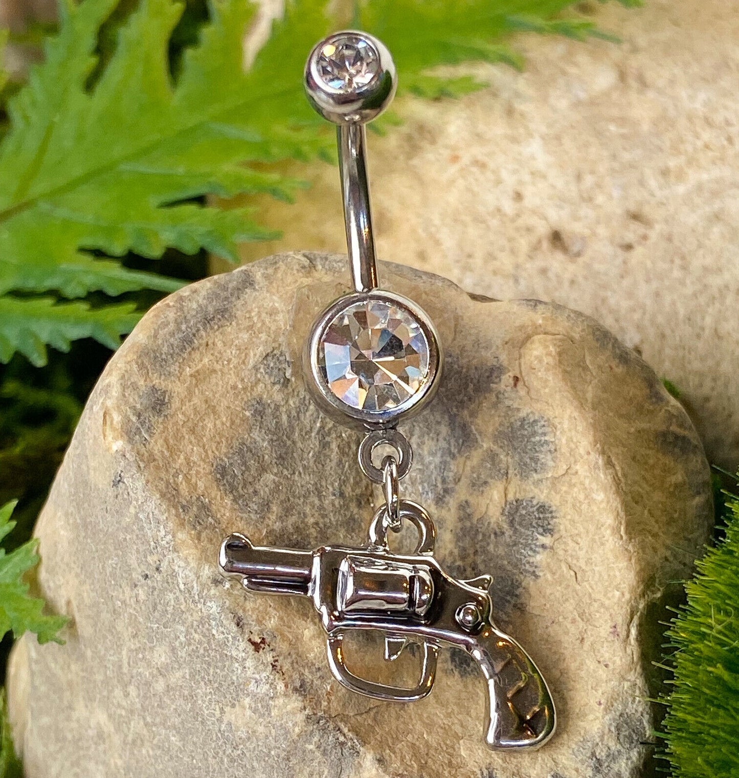 Gun Dangle Belly Ring CZ Gem Prong Set 316L Surgical Steel Pierced Navel