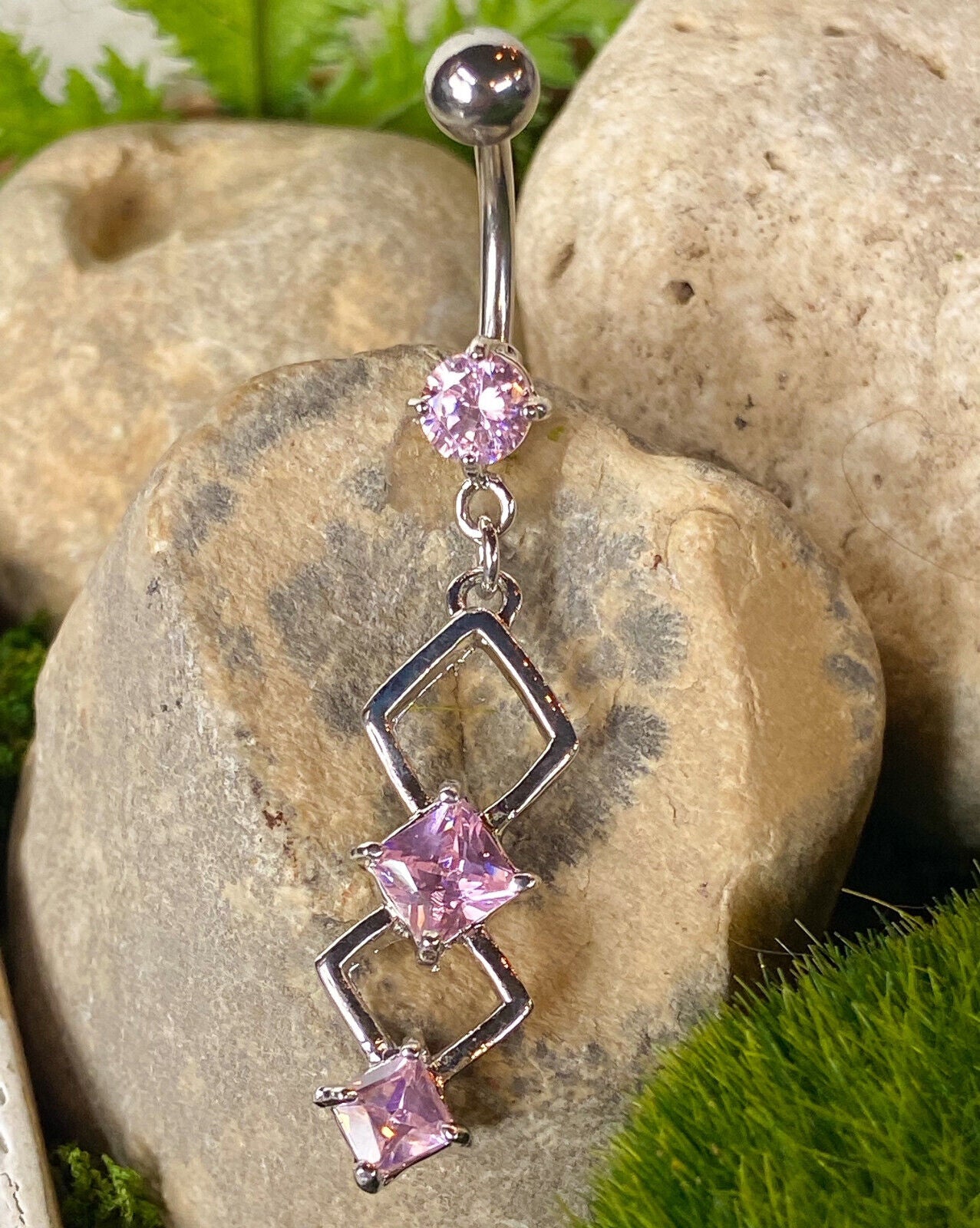 Double Marquise CZ Gem Dangle Belly Ring Navel Naval Clear, PInk, Purple