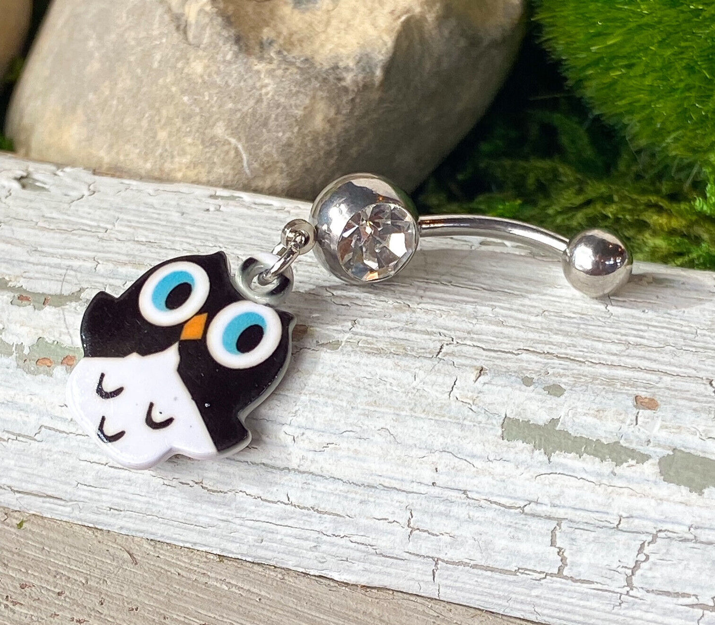 Black White Owl Clear Gem Belly Ring Navel Piercing Pierced Naval