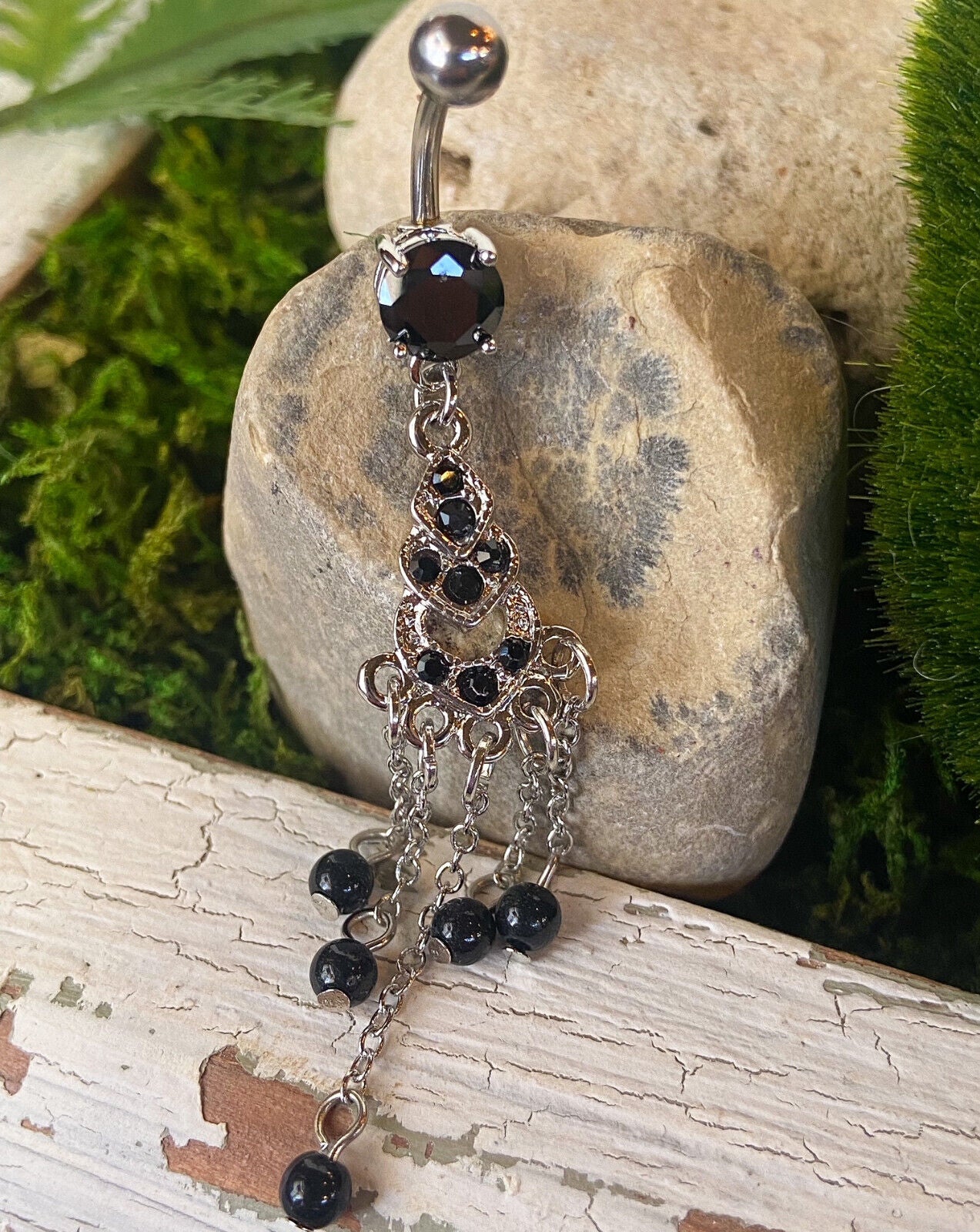 Chandelier Black Gem Belly Ring Pierced Navel Naval Piercing Body Jewelry