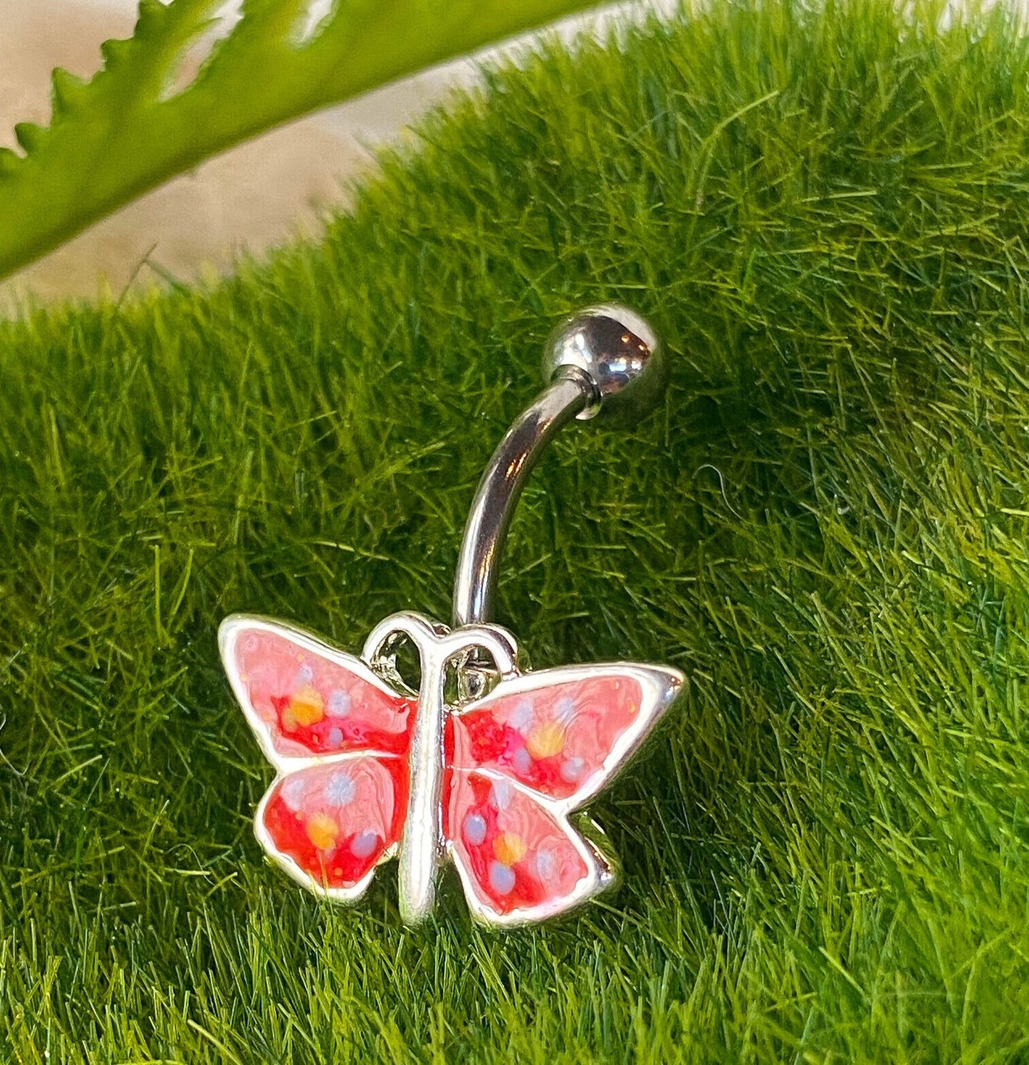 Reverse Red Butterfly Belly Ring Pierced Navel Top Down